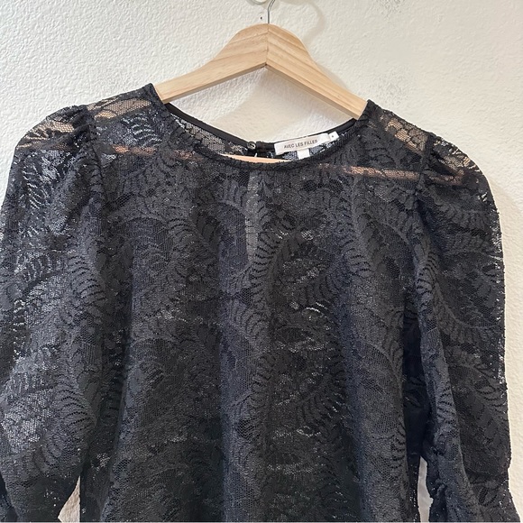 Avec Les Filles Black Lace Puff Sleeves Blouse Size Small Keyhole Back - Picture 2 of 8